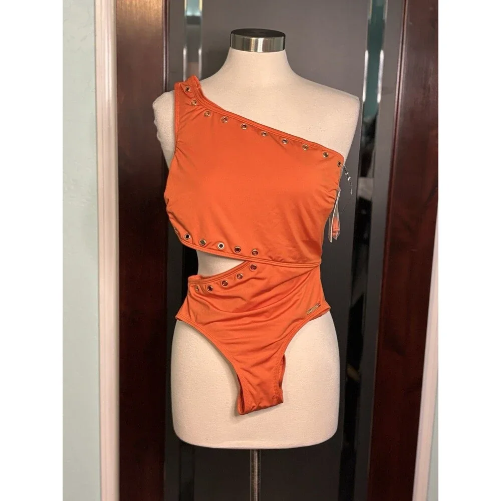 NEW Michael Kors Swimsuit Women Sz 8 Monokini grommet One Shoulder Orange $118